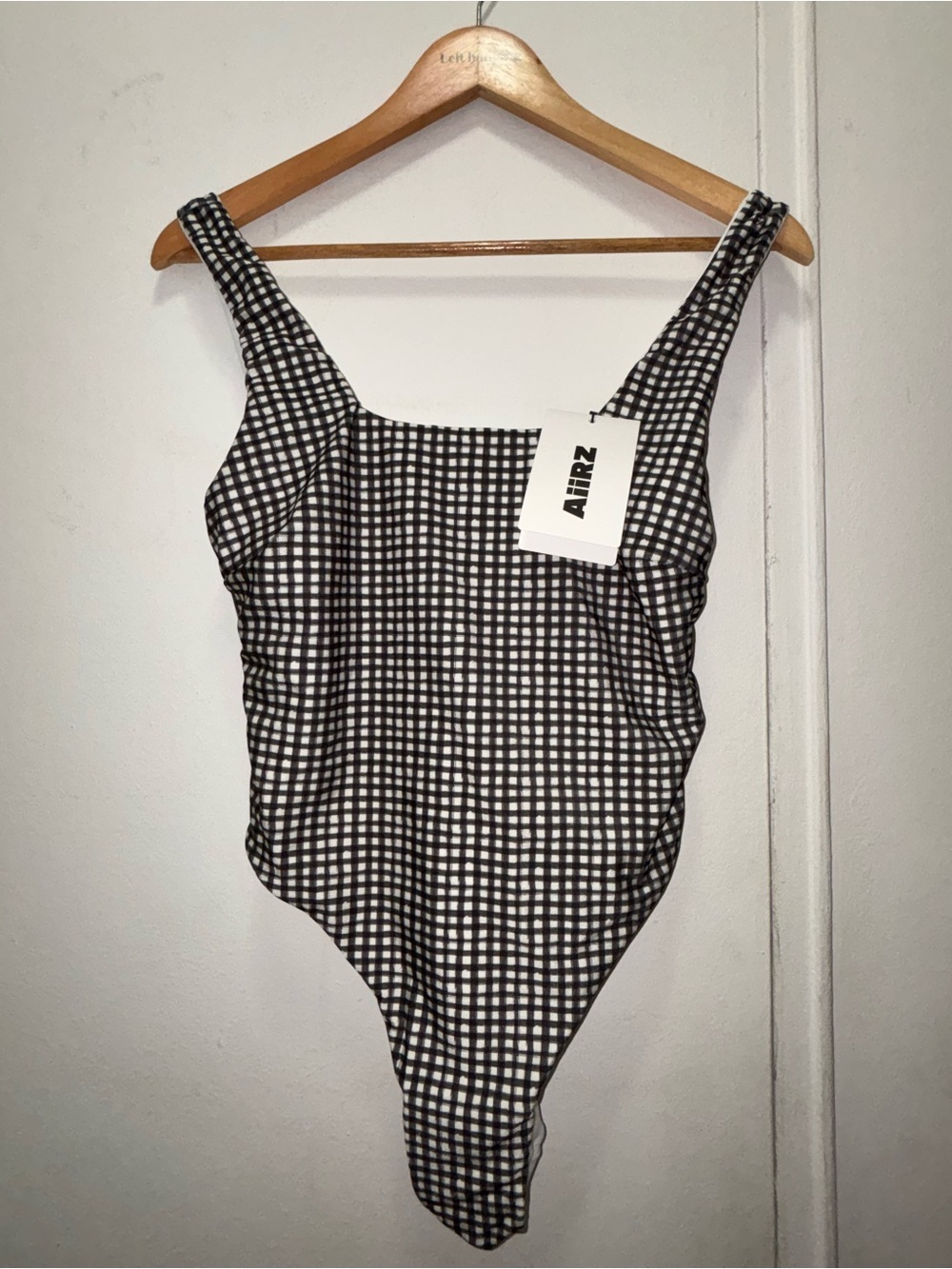 NWT Aiirz black and white gingham one-piece swimsuit ruched sides Large